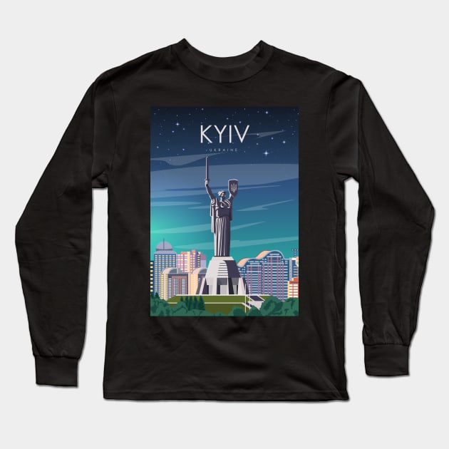 Kyiv Kiev Ukraine Motherland Monument Vintage Minimal European City Travel Poster Long Sleeve T-Shirt by jornvanhezik